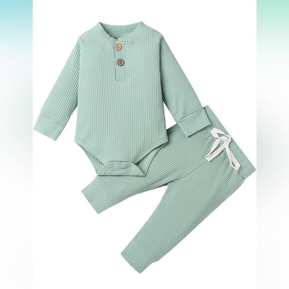 Long Sleeve Knitted Cotton Onesie Romper & Pants Mint Green 6-12 months - Picture 3 of 8